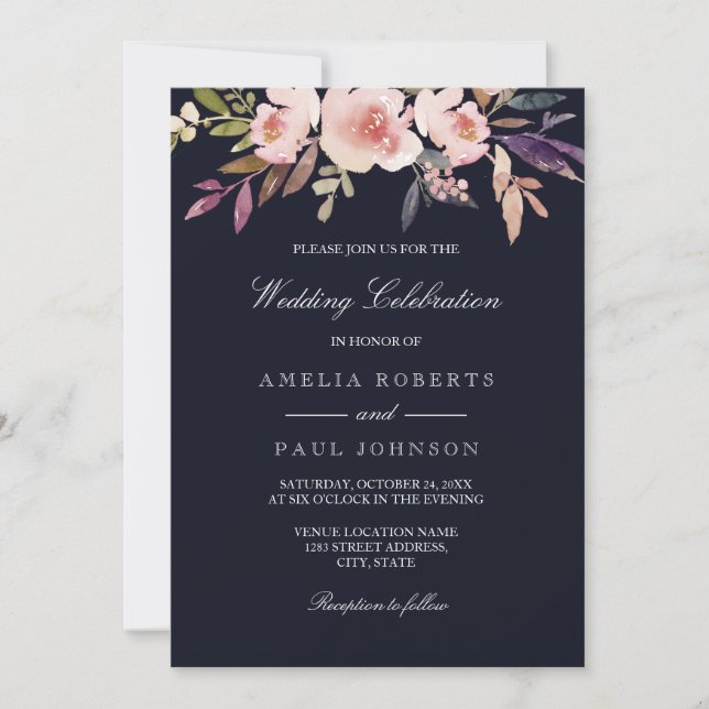 Watercolor Peonies Navy Pink Wedding Invitation (Front)