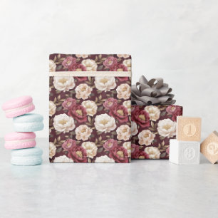 Watercolor Peonies on Burgundy Wrapping Paper