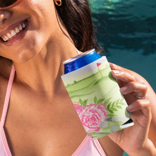 Watercolor Peonies On Golf Course  Can Cooler