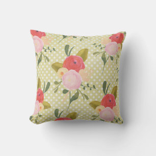 Watercolor Peonies on Polka Dots Decorative Pillow