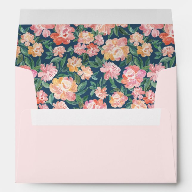 Watercolor Peonies Pre-Addressed Wedding Beige Envelope (Back (Bottom))