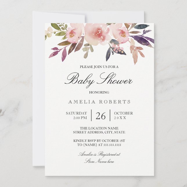 Watercolor Peonies Purple Pink Baby Shower Invitation (Front)
