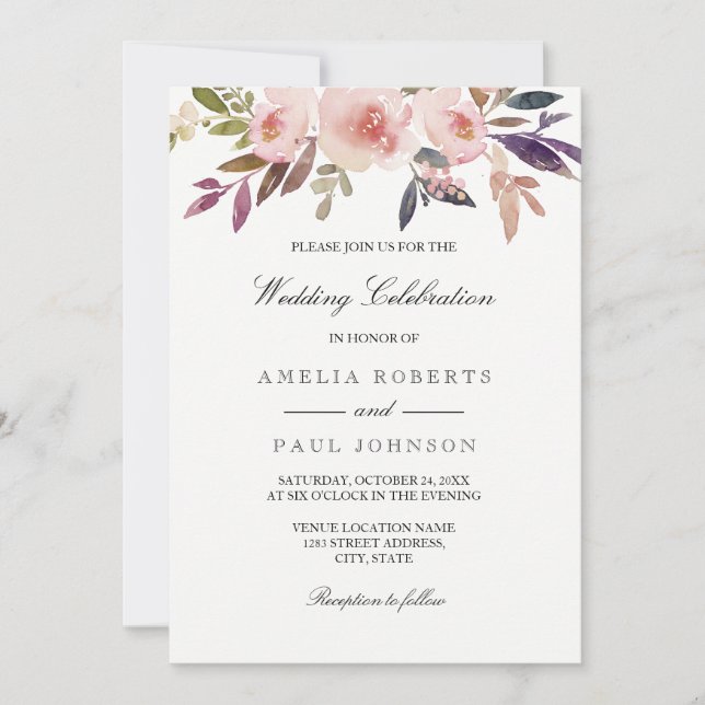 Watercolor Peonies Purple Pink Wedding Invitation (Front)