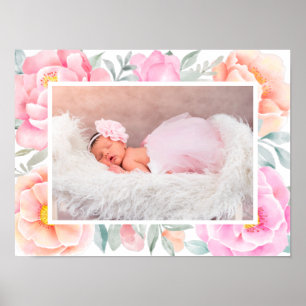 Watercolor Peonies Roses Pink Peach Floral Photo Poster