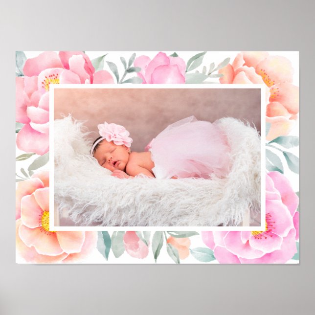 Watercolor Peonies Roses Pink Peach Floral Photo Poster (Front)