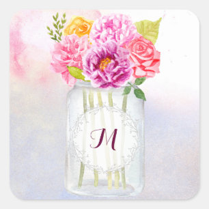 Watercolor Peonies Roses Rustic Mason Jar Wedding Square Sticker