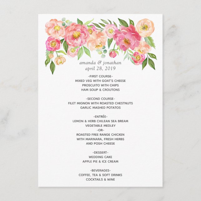 Watercolor Peonies Wedding Menu (Front)