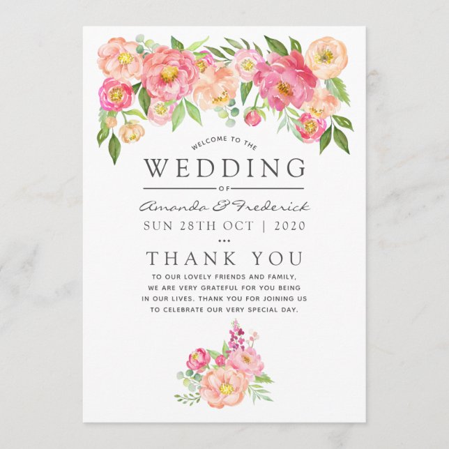 Watercolor Peonies Wedding Programme (Front)