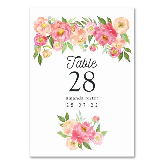 Watercolor Peonies Wedding Table Number (Front)