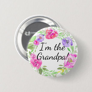 Watercolor Peony Baby Shower I am Grandpa Name Tag 6 Cm Round Badge