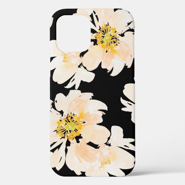 Watercolor peony blooms on black speck iPhone case (Back)