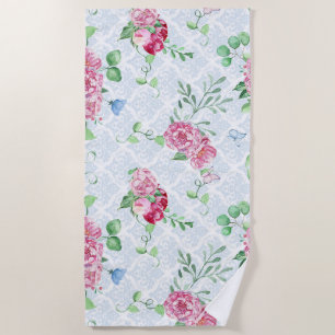 watercolor peony,butterfly watercolor beach towel