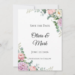 Watercolor Peony & Eucalyptus Save the Date