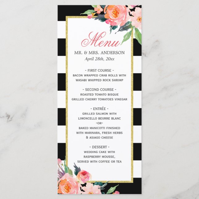 Watercolor Peony Floral Black Stripes Wedding Menu (Front)