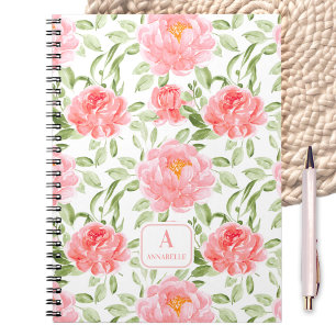 Watercolor Peony Floral Pattern Monogram Notebook