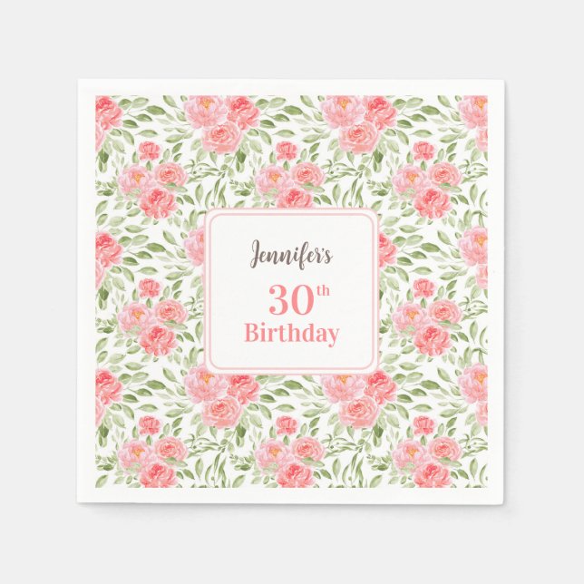 Watercolor Peony Floral Pink Peach 30th Birthday Napkin (Front)