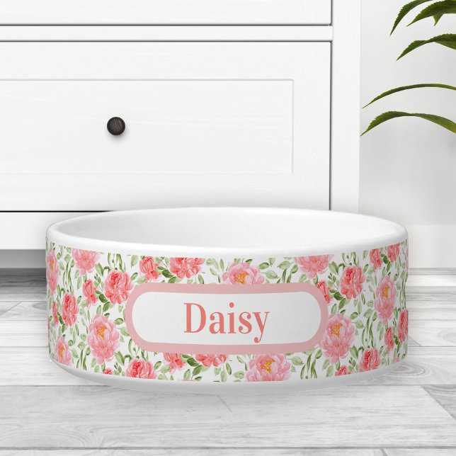 Watercolor Peony Floral Spring Name Pet Bowl (Watercolor Peony Floral Spring Name Pet Bowl small)