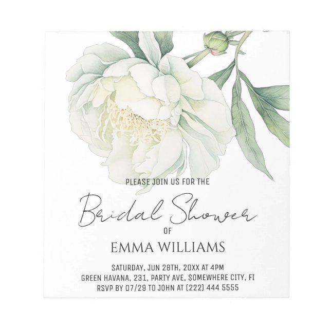 Watercolor Peony Flower | Bridal Shower Notepad (Front)