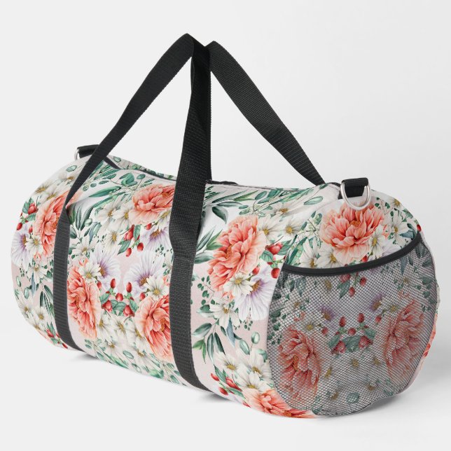 Watercolor Peony Flower Duffle Bag (Right Corner)