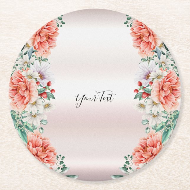 Watercolor Peony Flower Paper Coaster (Front)