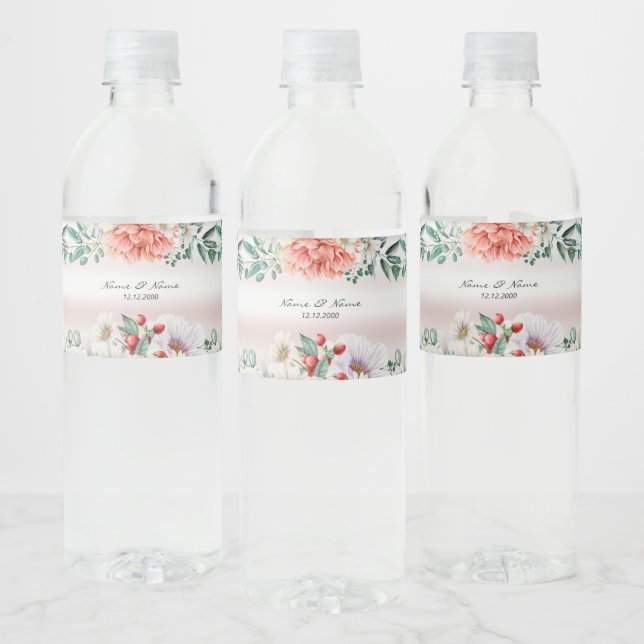 Watercolor Peony Flower Water Bottle Label (Bottles)