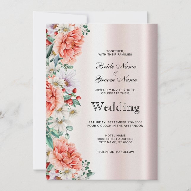 Watercolor Peony Flower Wedding Invitation (Front)