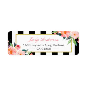 Watercolor Peony Flowers Black White Stripes