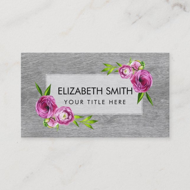 Watercolor Peony Flowers on grey Wood Business Card (Front)