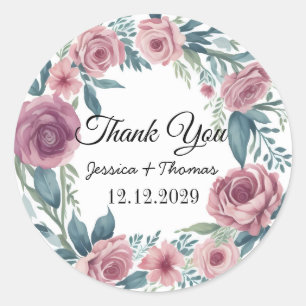 Watercolor Peony Flowers Thank You Wedding Favour Classic Round Sticker
