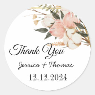 Watercolor Peony Flowers Thank You Wedding Favour  Classic Round Sticker