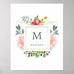 Watercolor Peony Flowers with Gold and Monogram Poster<br><div class="desc">This beautiful poster features watercolor look peonies,  and a faux gold frame in the centre. Your initial and name appear within. We have used art from LABFcreations.</div>