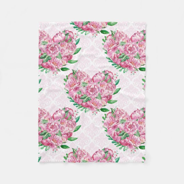watercolor peony heart fleece blanket (Front)