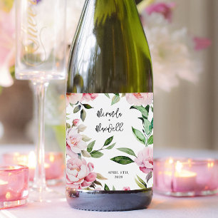Watercolor Peony Magnolia Pink Wedding Sparkling Wine Label