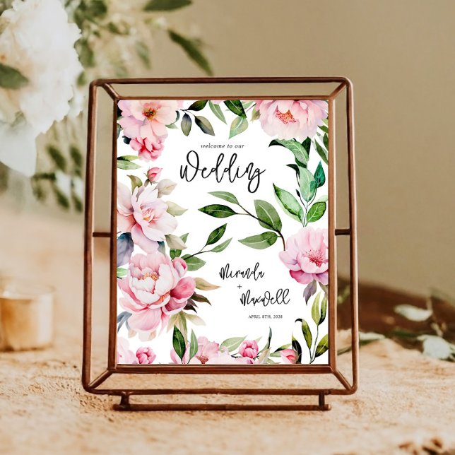 Watercolor Peony Magnolia Pink Wedding Welcome Poster (Creator Uploaded)