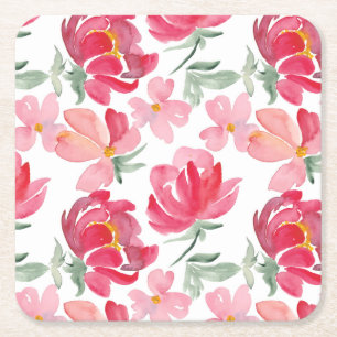 Watercolor Peony Pattern Square Paper Coaster
