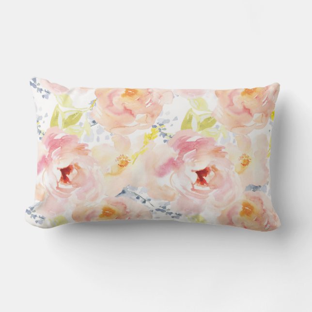 Watercolor Peony Pink Watercolor Flower Lumbar Cushion (Front)