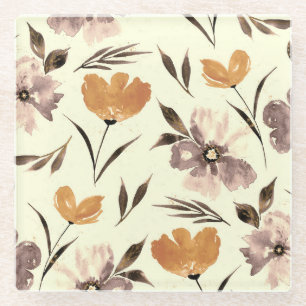 Watercolor peony poppy, abstract floral pattern. glass coaster