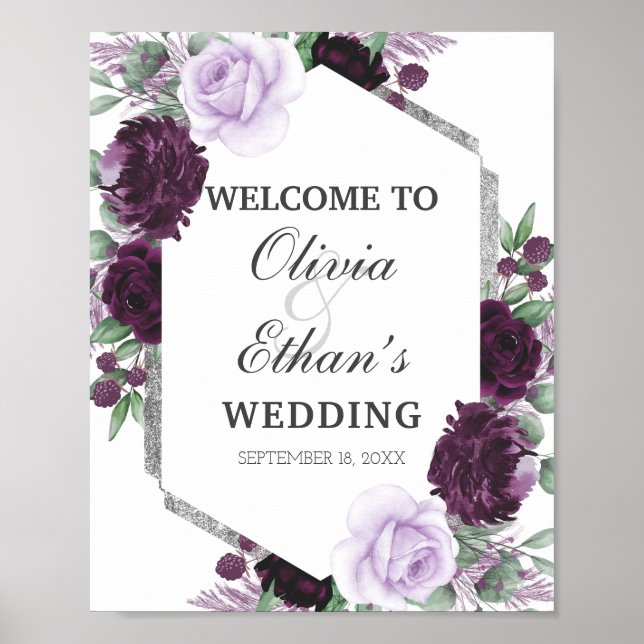 Watercolor Peony Purple Grey Silver Fall Wedding Poster (Front)