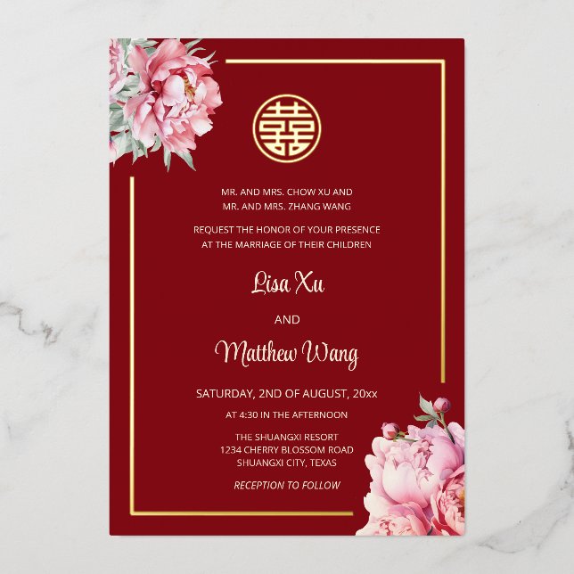 Watercolor Peony Red Gold Chinese Wedding (Front)