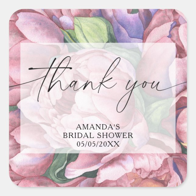 Watercolor peony roses - thank you bridal shower  square sticker (Front)