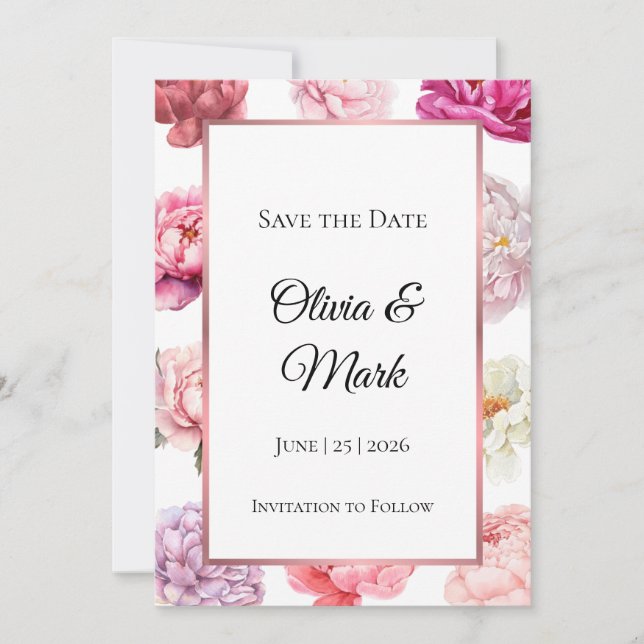 Watercolor Peony Save the Date | Rose Gold Floral (Front)