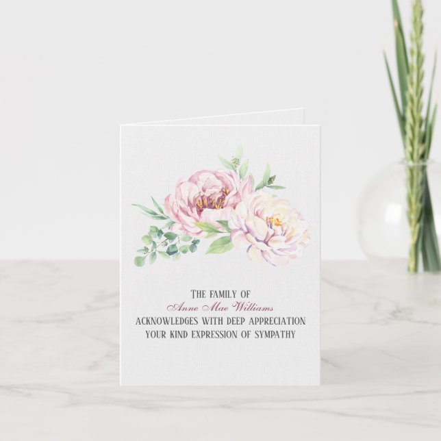 Watercolor Peony Sympathy Thank You  Card (Front)