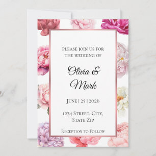 Watercolor Peony Wedding Invitation   Rose Gold