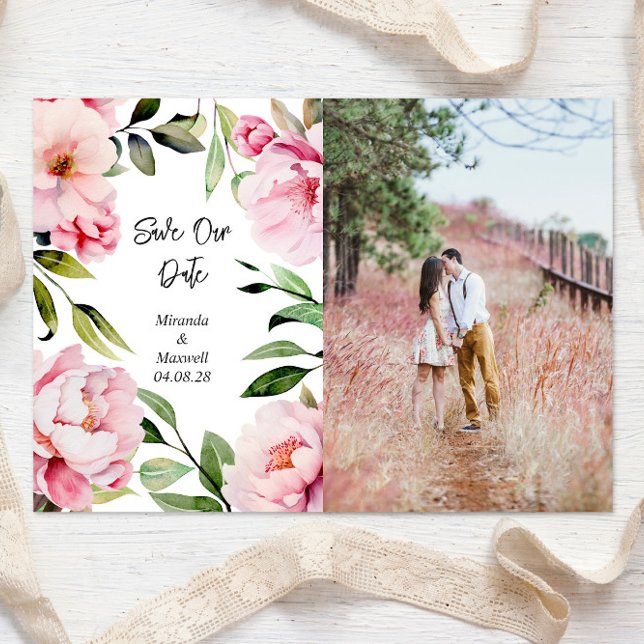 Watercolor Peony Wedding Photo Save The Date (Creator Uploaded)