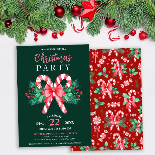 Watercolor Peppermint Candy Cane Christmas Party Invitation (Watercolor Peppermint Candy Cane Christmas Party Invitation)