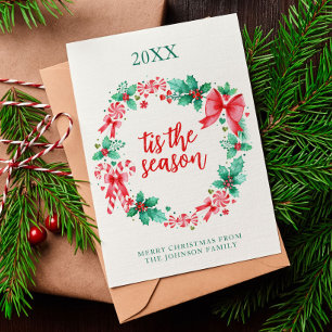 Watercolor Peppermint Candy Cane Christmas Wreath Holiday Card