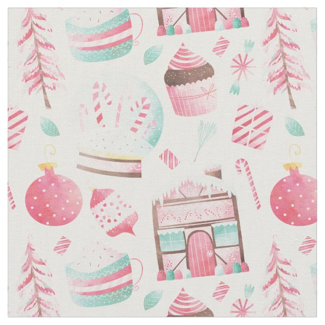 Watercolor Peppermint Pink Christmas Fabric (Close Up)