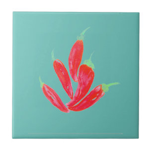 Watercolor Peppers Red Habanero Chilli Tile