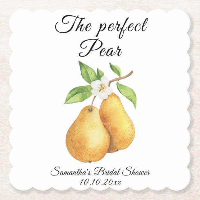 Watercolor Perfect Pear Floral Bridal Shower Paper Coaster (Front)