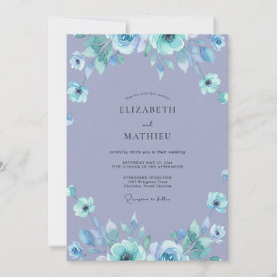 Watercolor Periwinkle Aqua Leafy Wedding Invitation